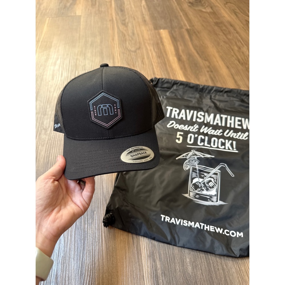 NWT TravisMathew Trucker Hat and Black Nylon Draw String Cinch Bag Backpack